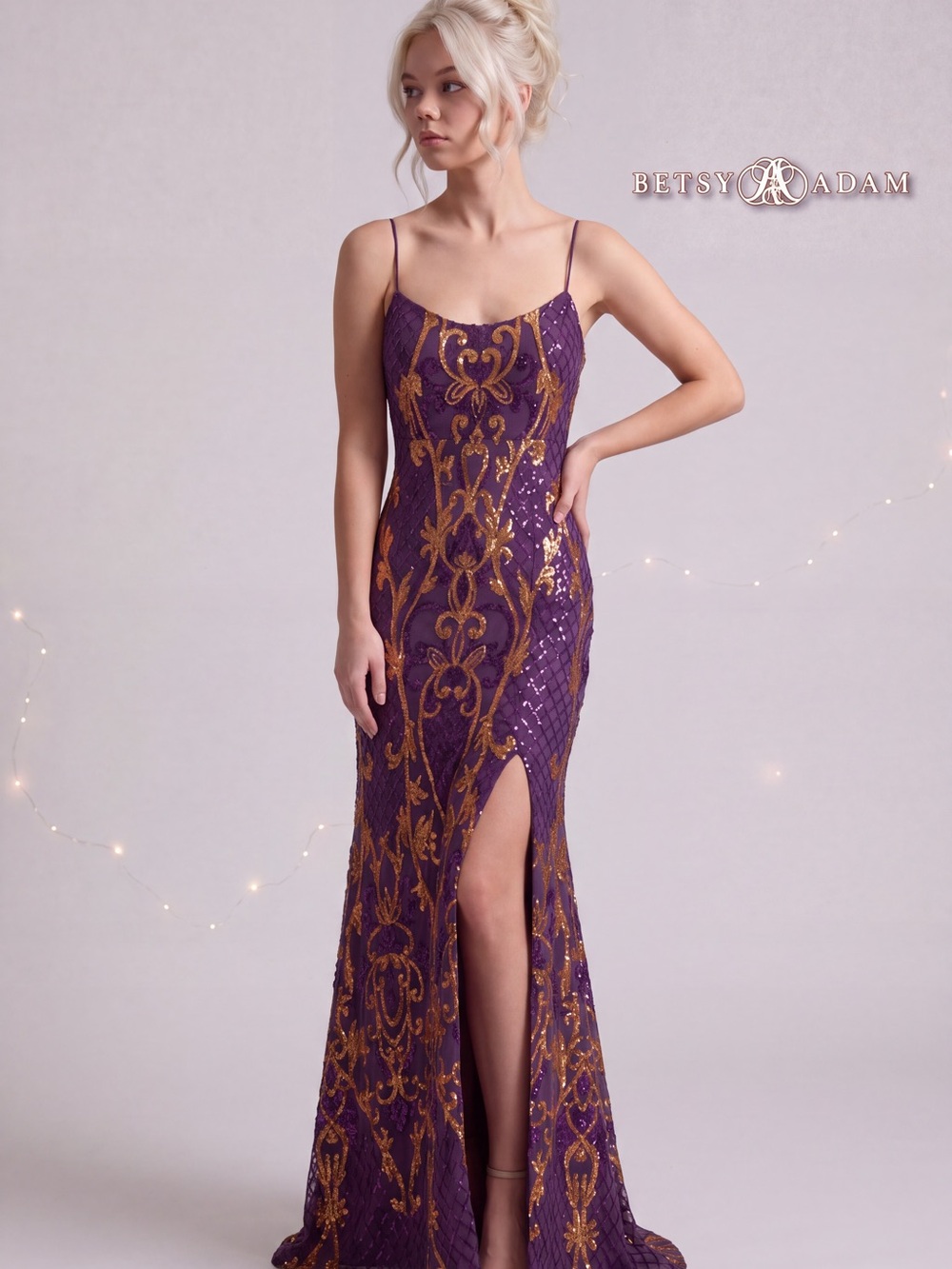 NWT Betsy & Adam Purple & Gold Showstopper Beaded Sequin Gown Size 12